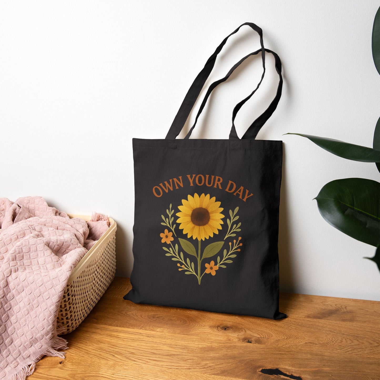 Sunflower Tote Bag - Own Your Day, Eco-Friendly Shopping Bag, Floral Canvas Tote, Inspirational Gift, Reusable Grocery Bag