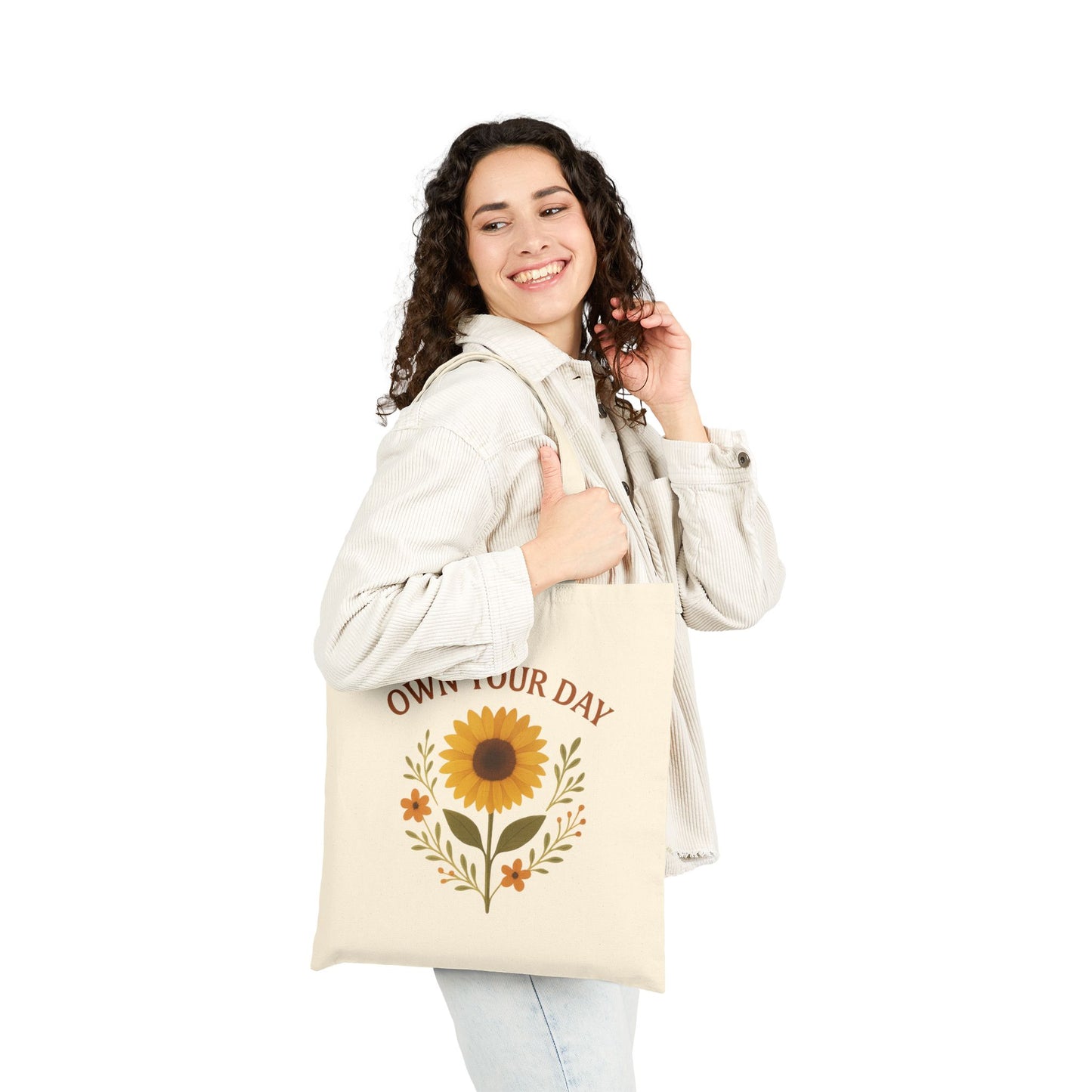 Sunflower Tote Bag - Own Your Day, Eco-Friendly Shopping Bag, Floral Canvas Tote, Inspirational Gift, Reusable Grocery Bag