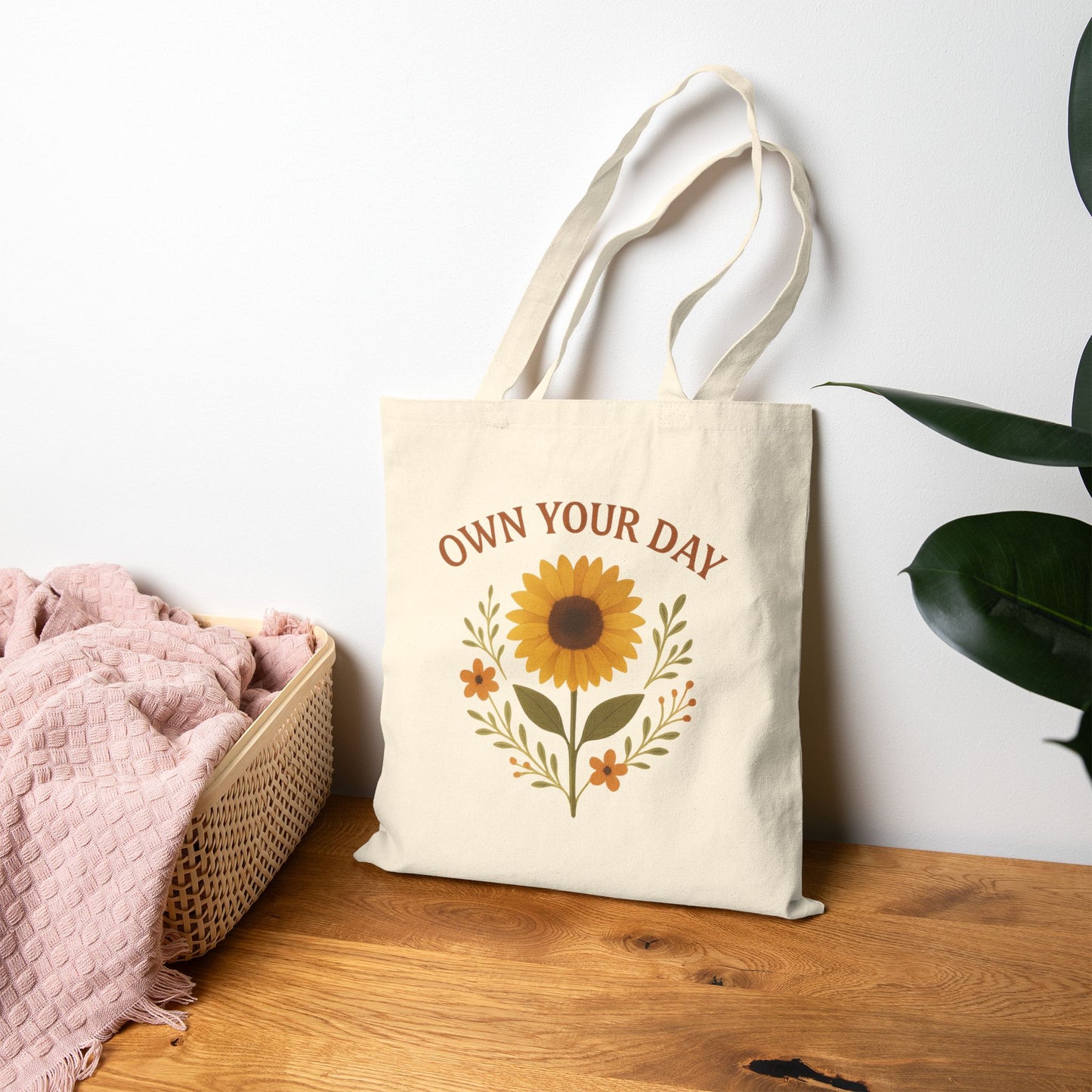 Sunflower Tote Bag - Own Your Day, Eco-Friendly Shopping Bag, Floral Canvas Tote, Inspirational Gift, Reusable Grocery Bag